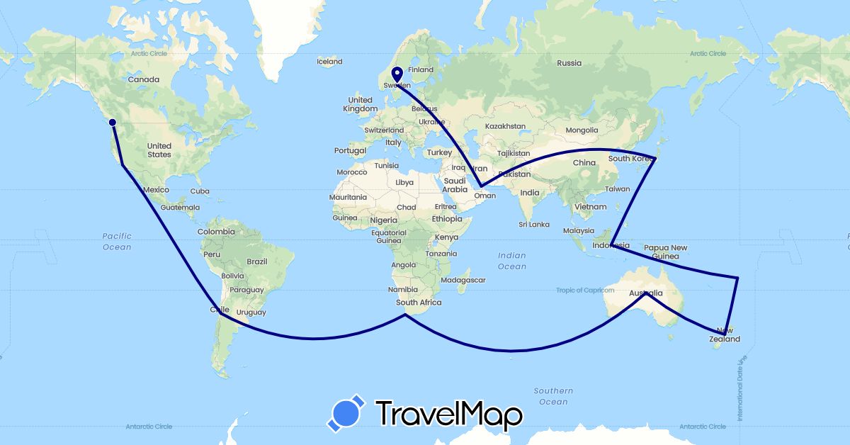 TravelMap itinerary: driving in United Arab Emirates, Australia, Canada, Chile, Fiji, Indonesia, Japan, New Zealand, Sweden, United States, South Africa (Africa, Asia, Europe, North America, Oceania, South America)