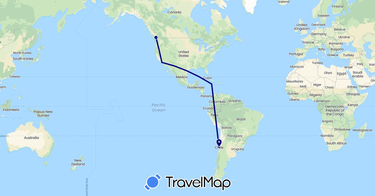 TravelMap itinerary: driving in Canada, Chile, Jamaica, United States (North America, South America)